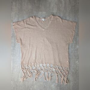 CABI  Women's Large Tan/Brown Crochet Fringe Knit Sweater Boho Hippie Top